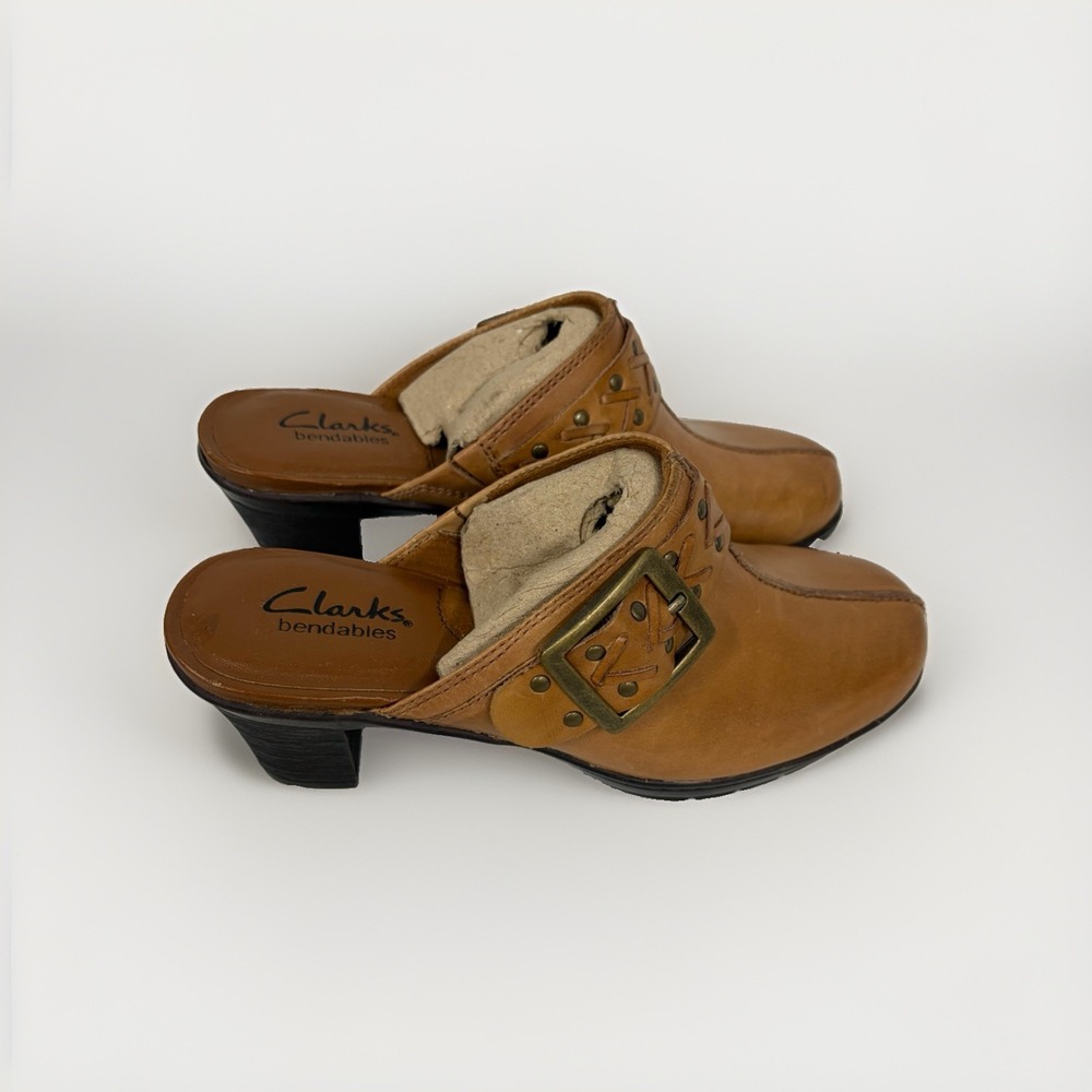 Clarks Mirabelle Bendables Womens Size 6M Tan Leather Buckle Clog Mules 83546 T5